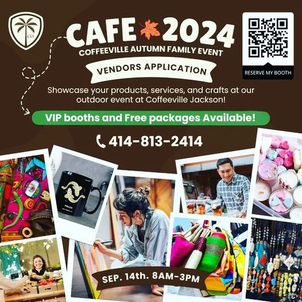 Coffeeville Company in Jackson welcomes vendors and artists to join them at their Autumn Family Event (CAFE) 2024 on September 14 between 8am-3pm. 

Please see flyer information provided for more information.