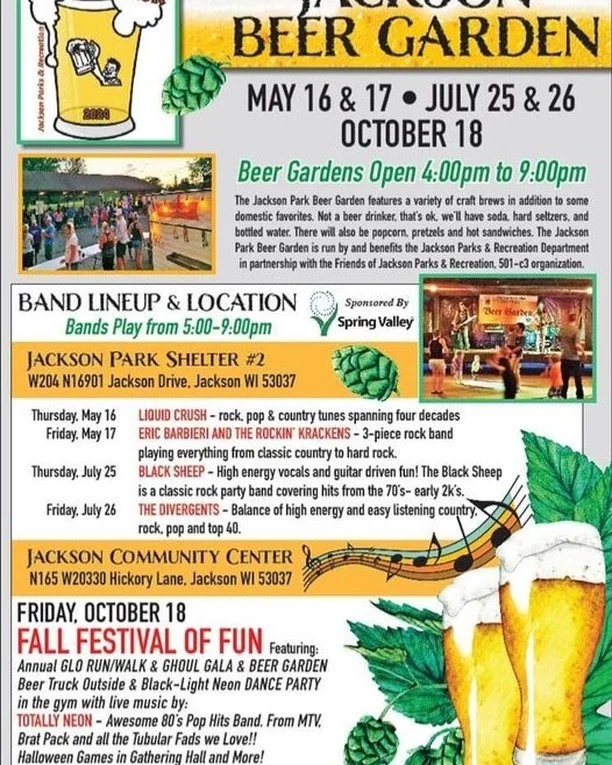 Experience an evening of fun at the Jackson Beer Garden on July 25 & 26 at Jackson Park. Enjoy a variety of craft beers, hard ciders, soda, and food while taking in live music. 

Mark your calendars for the fall Beer Garden on Oct. 18.