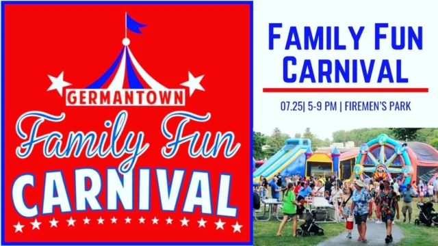 Get ready for a fun-filled evening at the Family Fun Carnival at Firemen's Park in Germantown on Thursday, July 25 between 5-9pm. 

Together with the Taste of Germantown, the event will feature an assortment of food trucks, live music, and activities for all ages, as well as artisan vendors. The carnival includes games, inflatables, and activities that will be sure to provide endless entertainment, with each activity costing $0.50. Don't miss out on the fun!