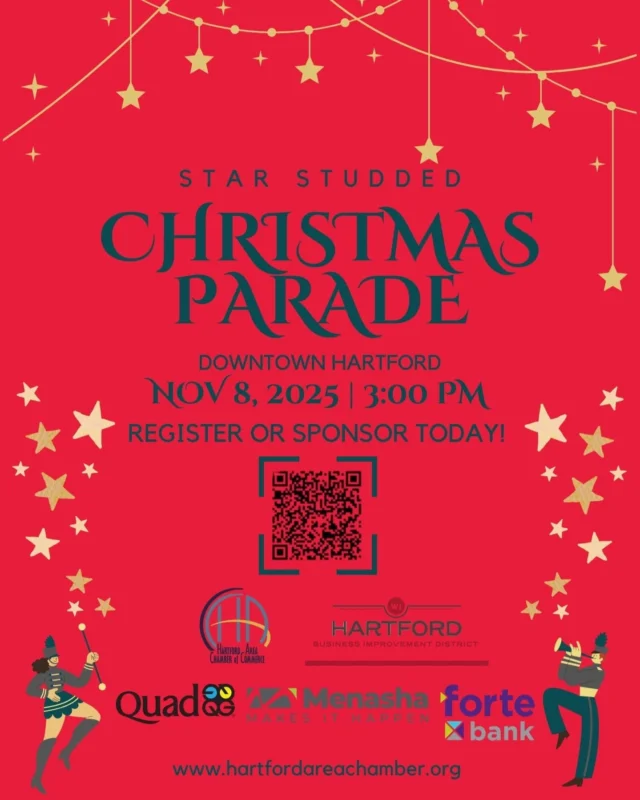 Today is the day to get into the holiday spirit in Hartford! The Christmas Parade steps off at 3p.m downtown! Get there early to get a good spot! 
www.hartfordareachamber.org