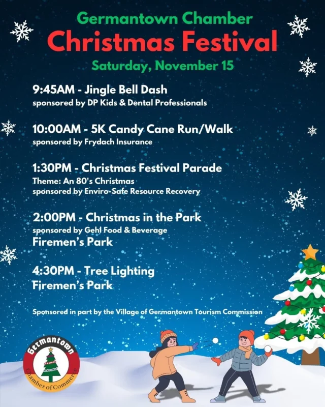The Germantown Area Chamber of Commerce proudly presents it annual Christmas Festival on Sat., Nov. 15 with a Jingle Bell Dash and 5K Run/Walk. The festive celebration continues with a Christmas parade at 1:30p.m., followed by Christmas in the Park in Firemen's Park offering a fun-filled afternoon of activities, music, the Candyland Trail, food and beverages available for purchase. The Tree Lighting ceremony is at 4:30p.m. 

Photos are from the 2024 event.
