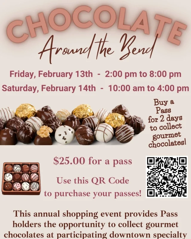 Come on our to downtown West Bend on Friday and Saturday, Feb. 13 & 14 for Chocolate Around the Bend. Enjoy chocolates at participating shops and stop for a special chocolate cocktail at bars and restaurants. The event is open to the public. To purchase your tickets and more information visit https://www.downtownwestbend.com/