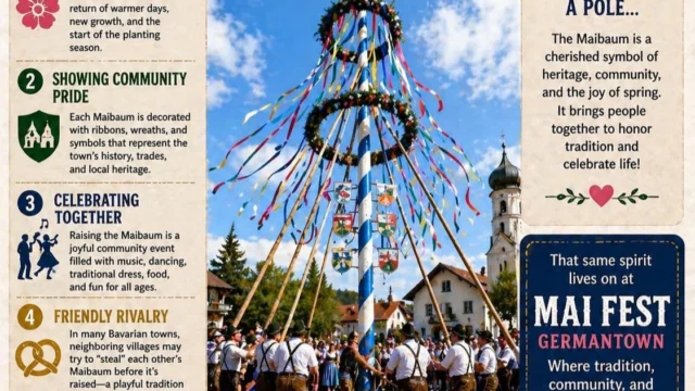 Come enjoy the celebration of the arrival of spring at Mai Fest Germantown on May 15, 16 &17 at Firemen's Park in Germantown! This three-day event is a traditional German festival celebrating the arrival of spring! Enjoy authentic German music, great entertainment, German dance, food, beverages, family activities, Sheepshead tournament, and new this year is a kids tent area and so much more! 

Free family-friendly event! 

For details to include activities, food, schedule and more please visit www.maifestgermantown.org.