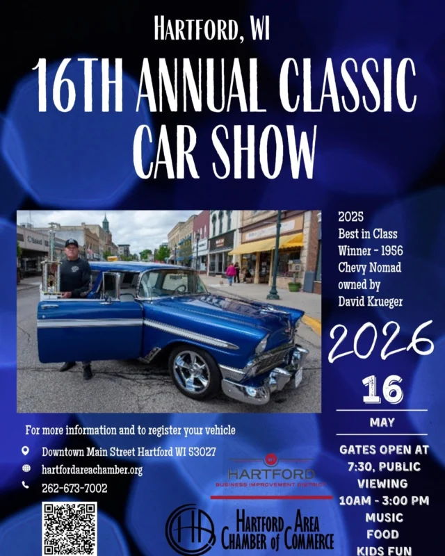 On Saturday, May 16, come out to downtown Hartford for the Classic Car Show presented by the Hartford Area Chamber of Commerce. The public is welcome to view the cars from 10am - 3pm. Along with the classic cars, enjoy live music, food and beverages, kids' activities and take time to visit the many businesses.