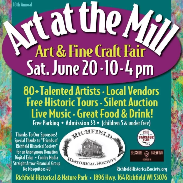 Get ready for a fun time at Art at the Mill at the Richfield Historical and Nature Park. On June 20 from 10a.m. - 4p.m. the park will be filled with more than 80 talented artists, vendors, live music, food, beverages AND you can tour the historic buildings! There will also be a silent auction to benefit the Richfield Historical Society. Free parking and admission is $3. Children 5 and under are free.