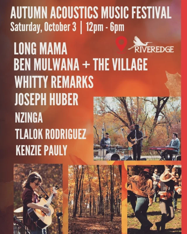 Riveredge Nature Center is holding their annual Autumn Acoustics Music Festival on Saturday, Oct. 3 from Noon - 6 pm. Enjoy live music, food, and more at the beautiful grounds of Riveredge. For more details and to purchase tickets, please visit www.riveredgenaturecenter.org/program/autumn-acoustics-music-festival
